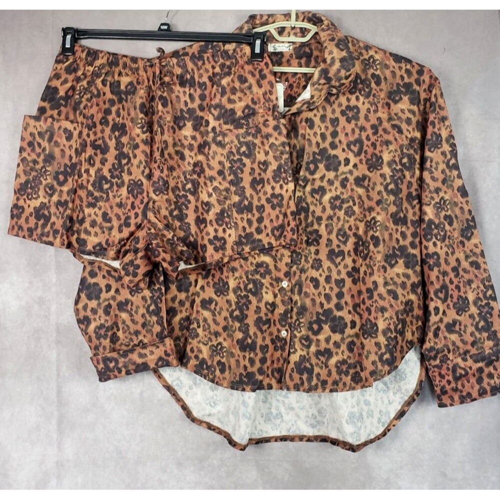 Free People Pajama Set Women L Animal Print Early Morning Sleep Natural Combo